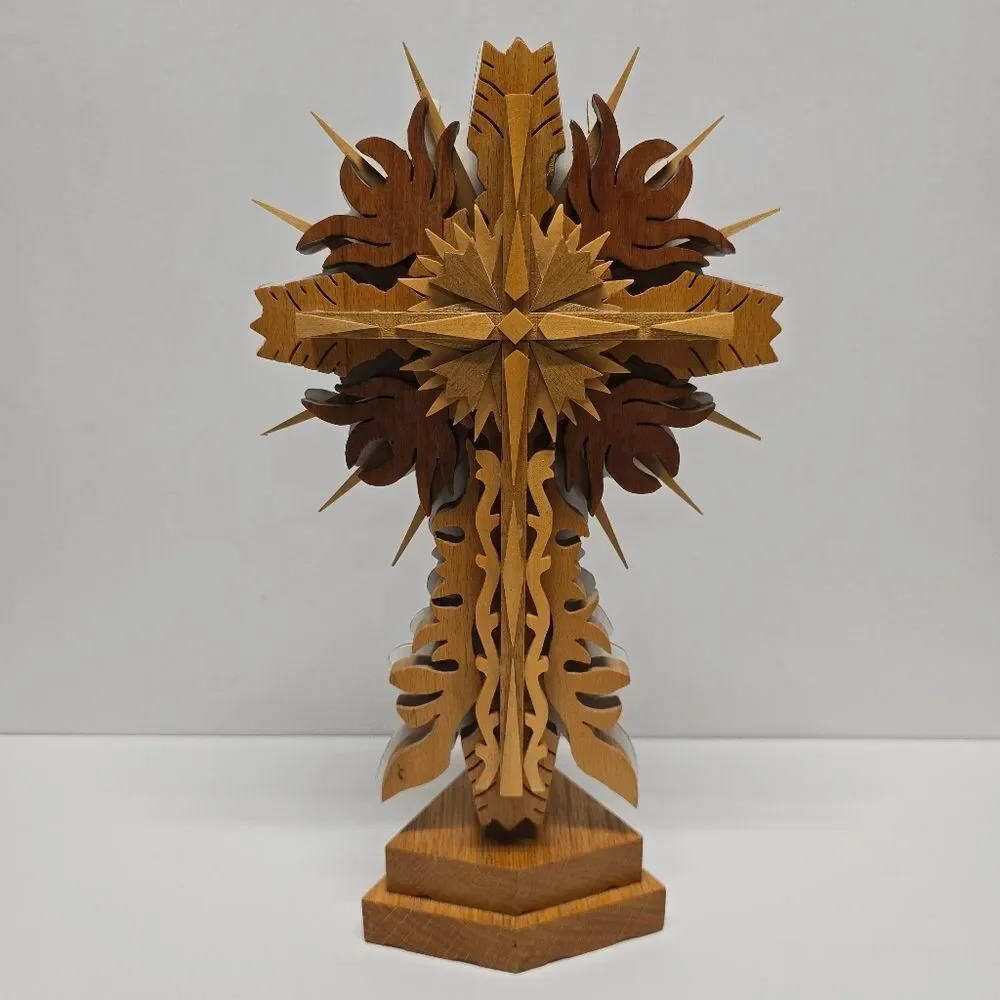 Vintage Wooden Scroll Saw Carved Ornate Crucifix Cross Tabletop Religious Art